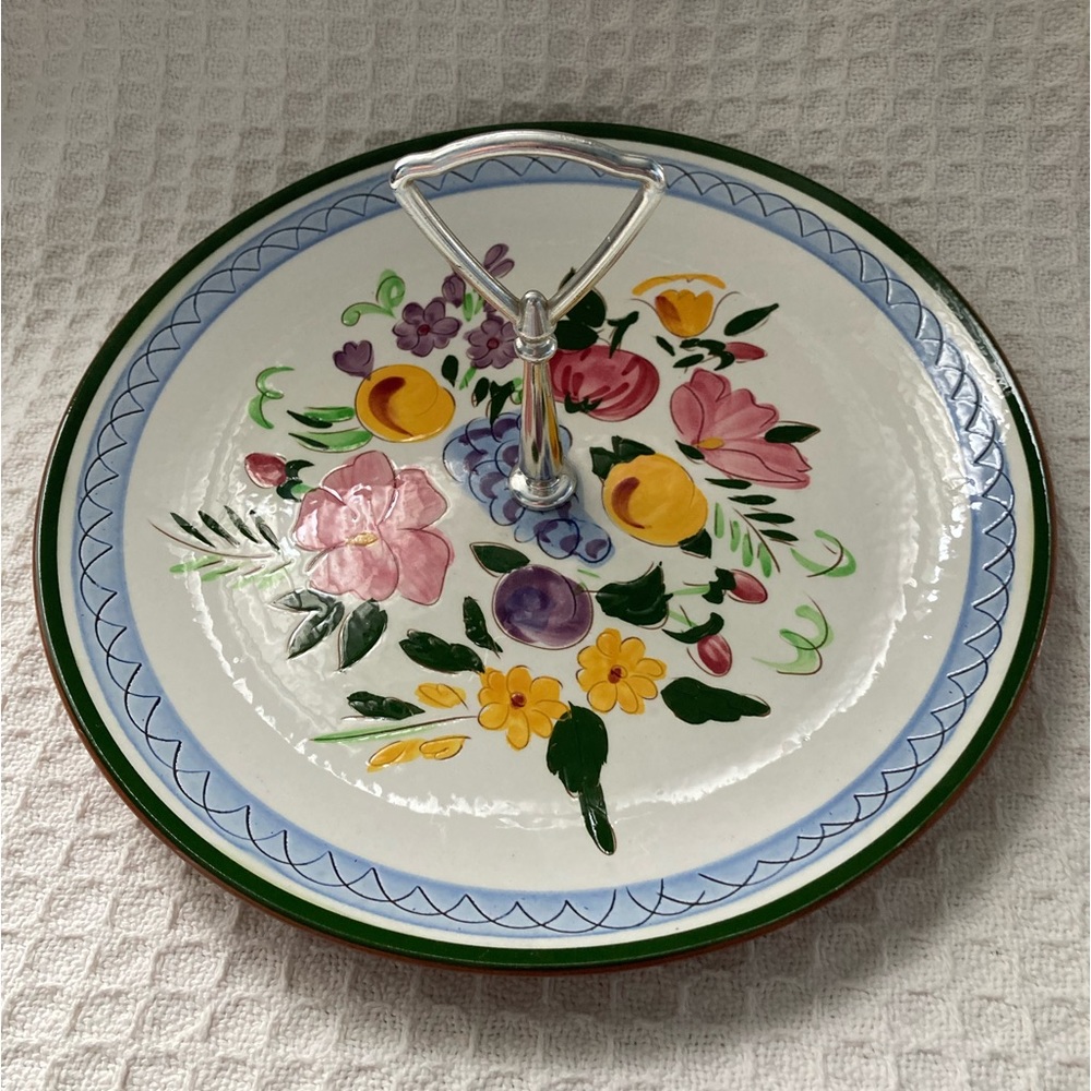 Vintage Stangl Flowers And Fruit Pattern Tid Bit Tray With Silvertone Handle